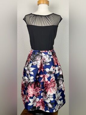 Melrose Social Floral Fit & Flare Dress Size 14W Blue Pink Black Pockets